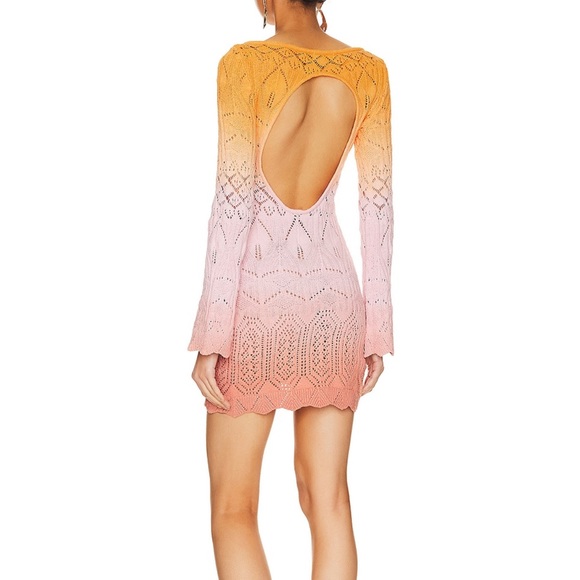 Nadalia Ombré Dress in Orange & Light Pink Crochet Knot Long Sleeve Dress medium - Picture 3 of 3